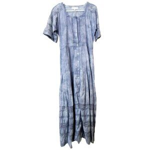 Love Shack Fancy S Edie Midi Dress Button Bodice Blue Tie-Dye Lace Inset Prairie